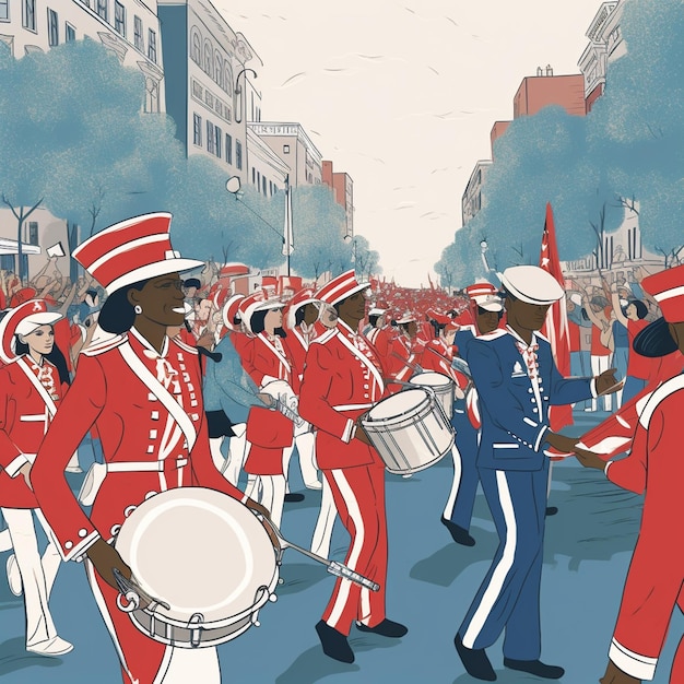 Un cartone animato di una band che suona la batteria in una parata.