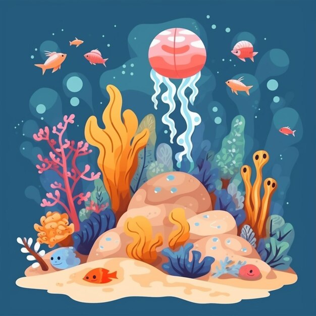 un cartone animato di una barriera corallina con meduse e altre creature marine generative ai