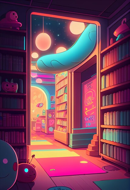 Un cartone animato di una biblioteca con un gatto sul pavimento.