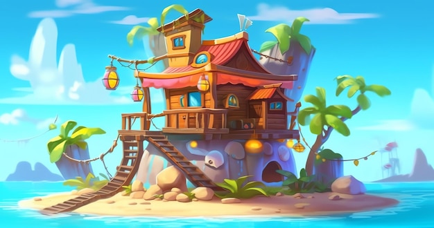 Un cartone animato di una casa su un'isola tropicale.