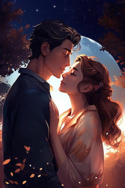 Un cartone animato di una coppia che si bacia sotto la luna