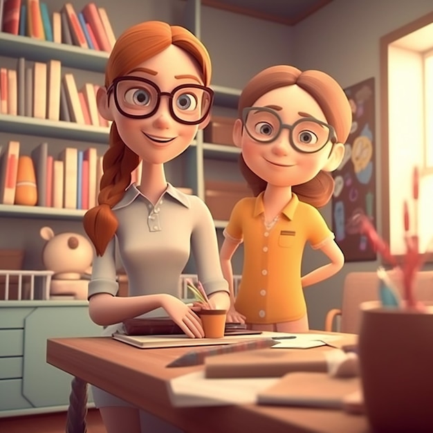 Un cartone animato di una donna e un ragazzo sono in piedi davanti a una scrivania con una libreria e una libreria con una loro foto.
