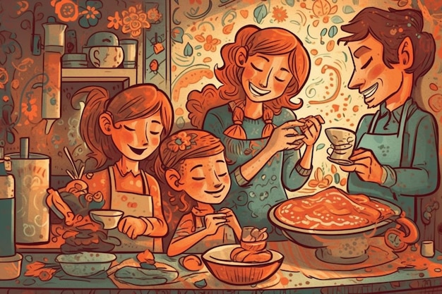 Un cartone animato di una famiglia che cucina insieme