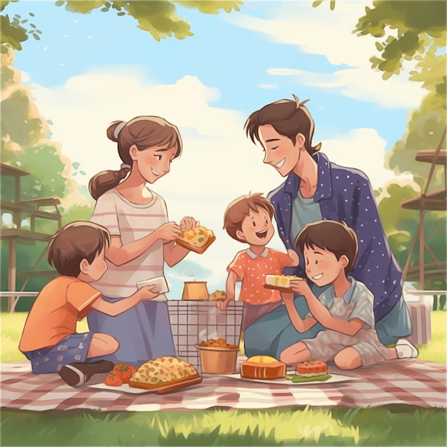 Un cartone animato di una famiglia che fa un picnic in un parco