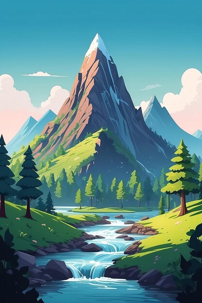 Un cartone animato di una montagna con alberi e un fiume generativo ai