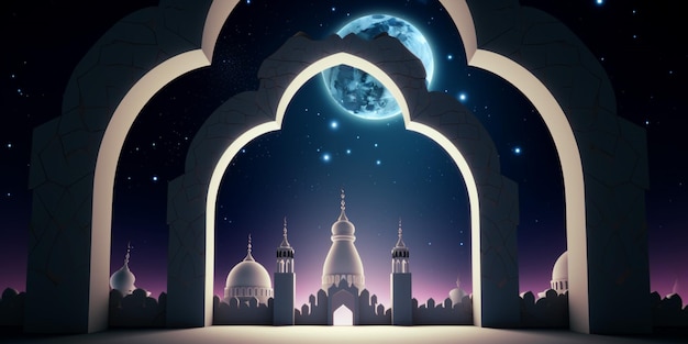 Un cartone animato di una moschea con la luna sullo sfondo.