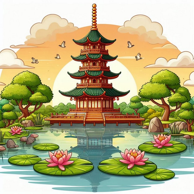 Un cartone animato di una pagoda su un lago con gigli d'acqua