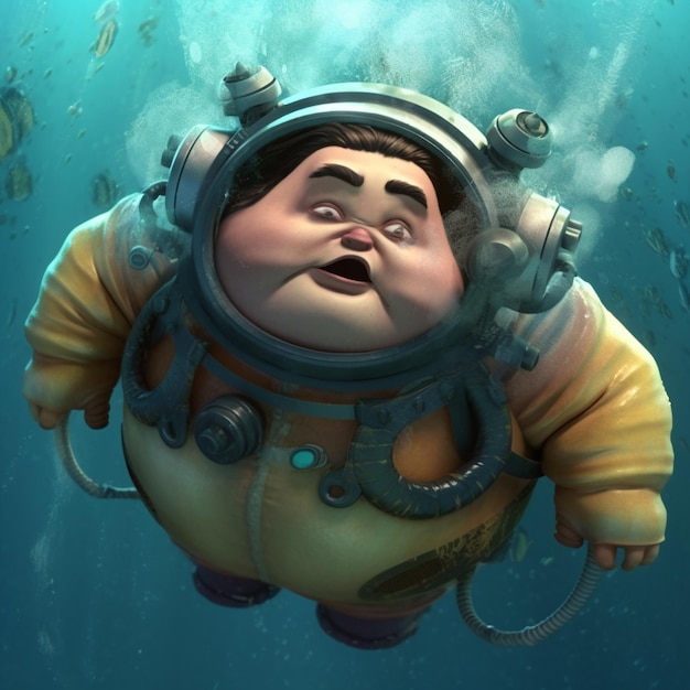 Un cartone animato di una persona che galleggia nell'oceano con una faccia grande e un pesce sul fondo.