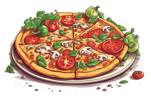 Un cartone animato di una pizza con funghi e pomodori.