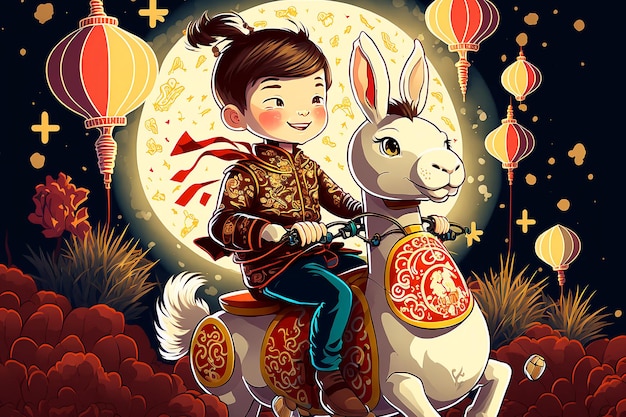 Un cartone animato di una ragazza a cavallo con lanterne cinesi in background.