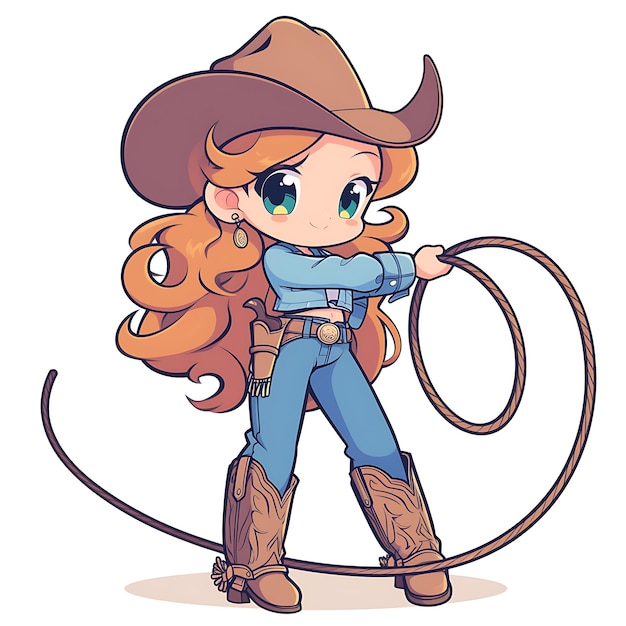 un cartone animato di una ragazza che indossa un cappello da cowboy e tiene un lasso