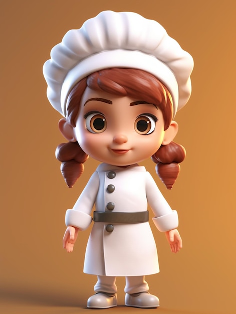 Un cartone animato di una ragazza chef con camice bianco e cappello.