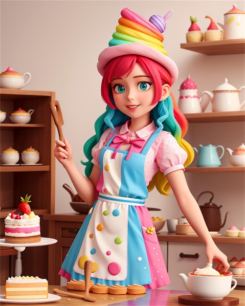 un cartone animato di una ragazza con una torta e una torta con un cucchiaio.