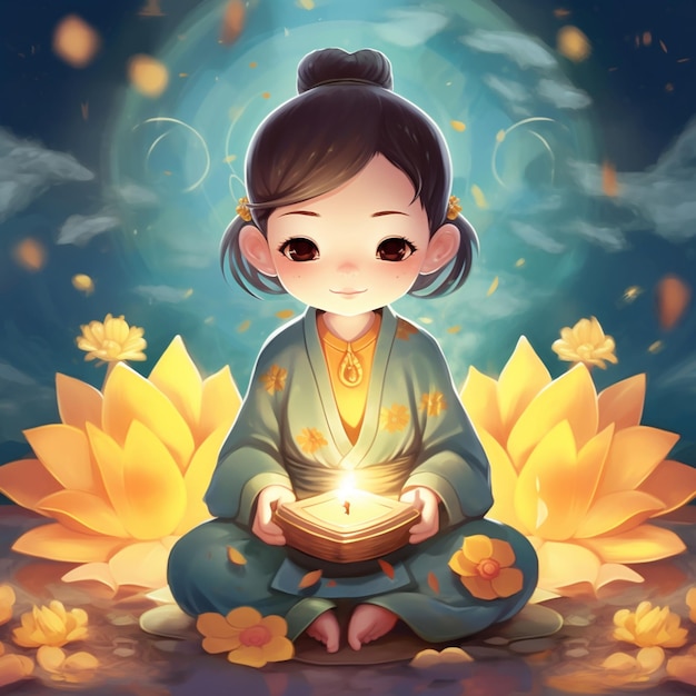 Un cartone animato di una ragazza seduta in foglie di loto con una lanterna in mano.
