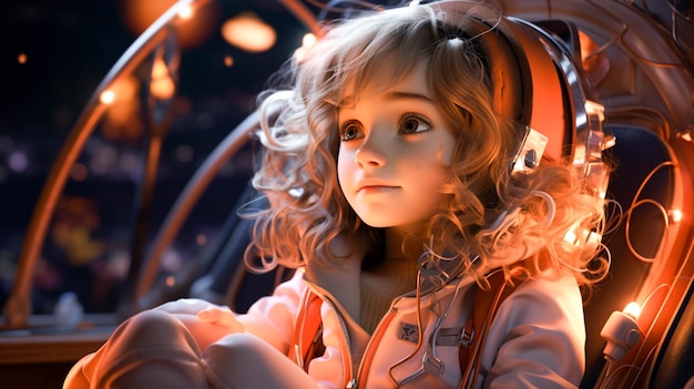 Un cartone animato di una ragazza seduta in un'astronave colorata