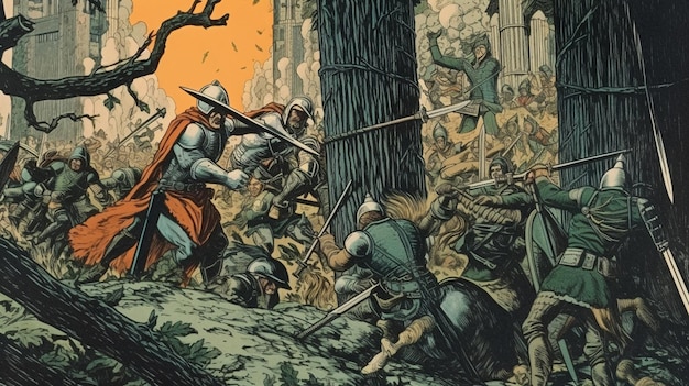 Un cartone animato di una scena di battaglia dal titolo "la battaglia dei cavalieri dell'impero romano"