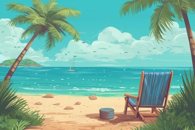 Un cartone animato di una scena in spiaggia con una sedia e un secchio generativo ai
