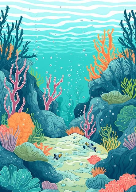 un cartone animato di una scena sottomarina colorata con coralli e alghe generative ai