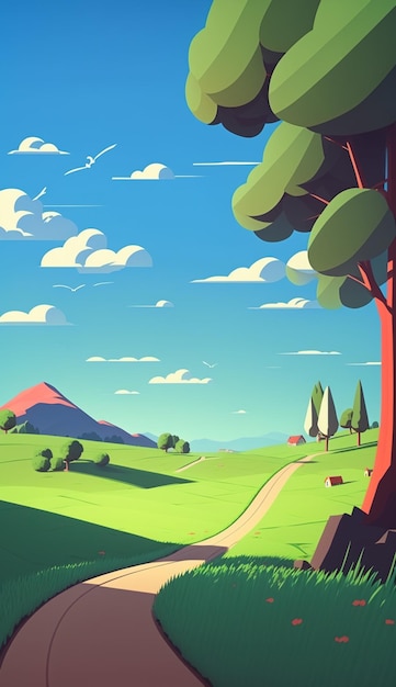 Un cartone animato di una strada in un campo con un cielo blu e alberi.