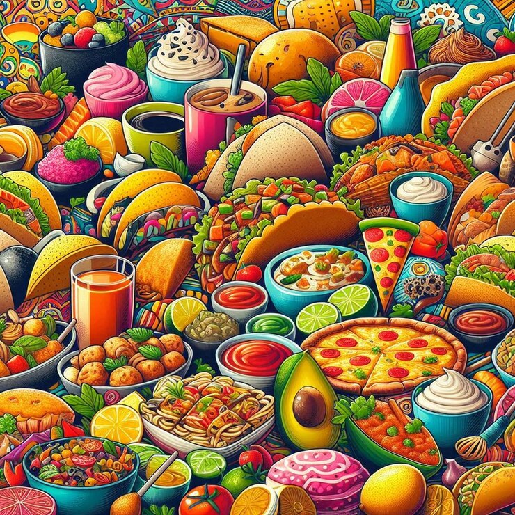 un cartone animato di una varietà di alimenti tra cui una varietà di cibi diversi