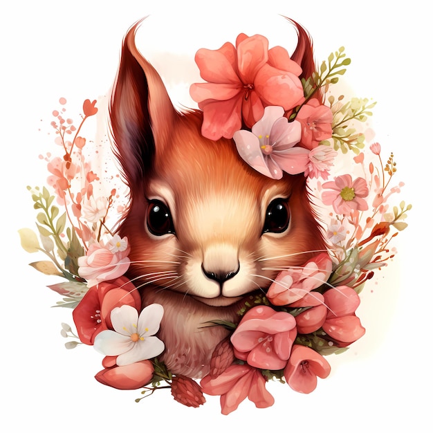 un cartone animato di uno scoiattolo con una corona di fiori in testa