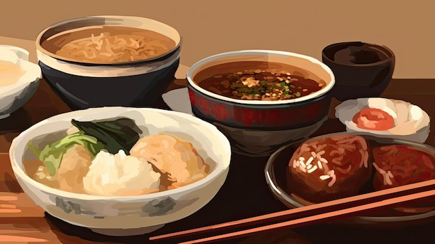 Un cartone animato di vari piatti tra cui gnocchi e gnocchi.