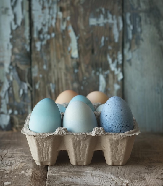 Un cartone artigianale per le uova di Pasqua con una selezione di uova colorate in modo unico