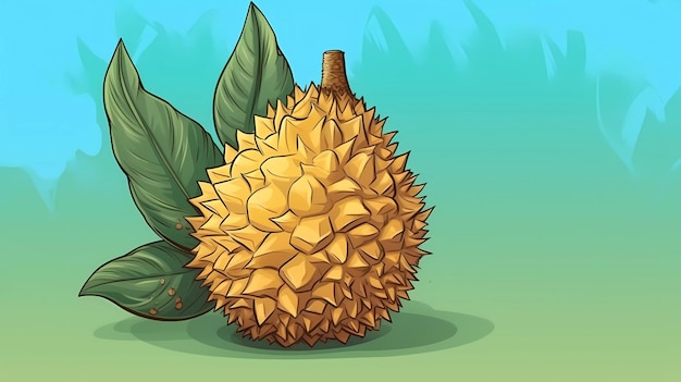 Un cartone di durian con una foglia verde sul fondo.