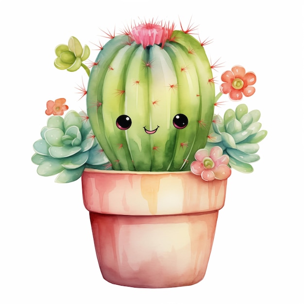 Un cartoon cactus carino con un sorriso sul viso è in un vaso rosa con fiori