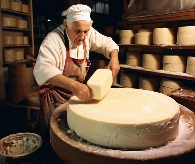 Un casaro che fa il formaggio