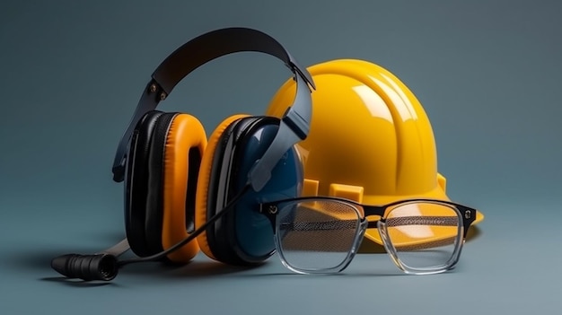 Un casco da costruzione giallo e cuffie siedono accanto a un paio di occhiali.