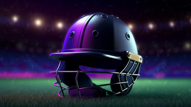 Un casco da cricket appoggiato sull'erba lussureggiante dello stadio