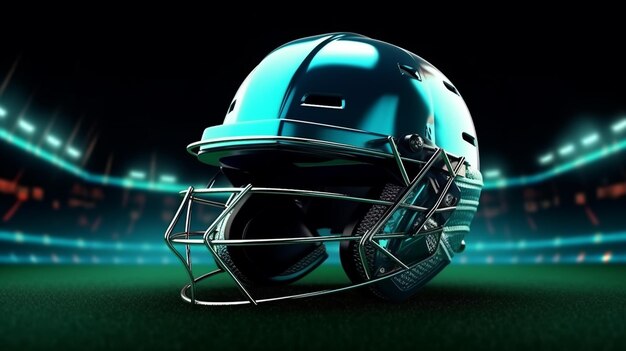 Un casco da cricket appoggiato sull'erba lussureggiante dello stadio