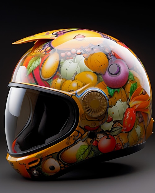 Un casco da motociclista colorato con sopra della frutta.