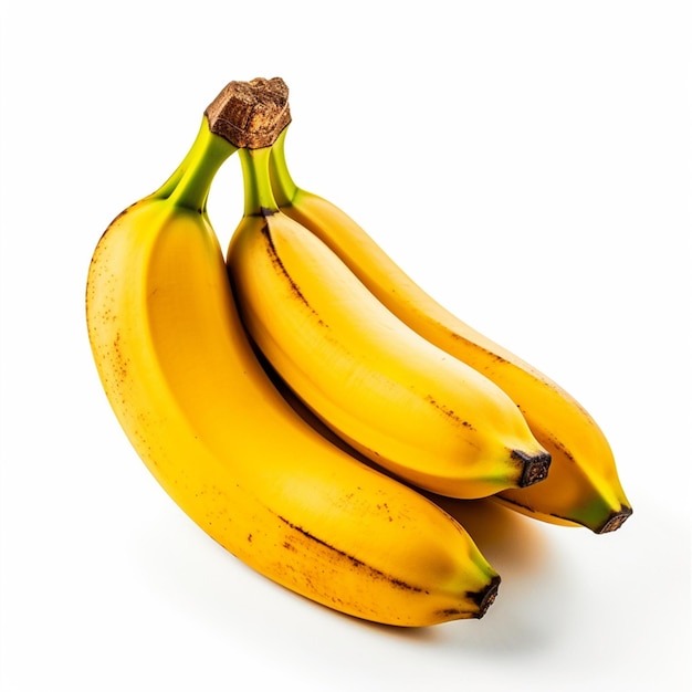 Un casco di banane è seduto su uno sfondo bianco.