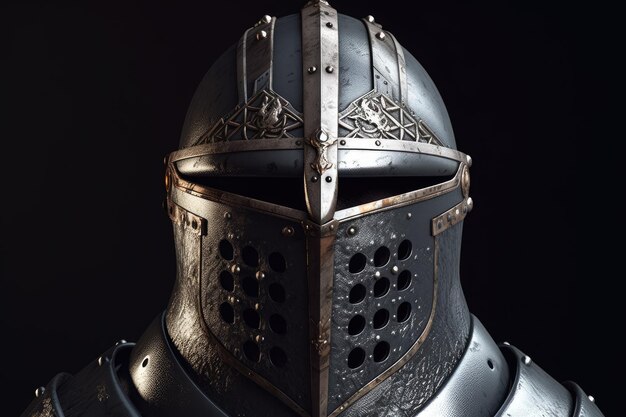 Un casco di metallo con uno sfondo nero