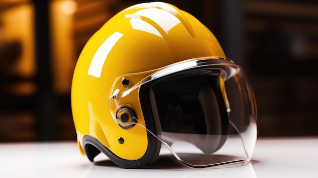 Un casco giallo con visiera e visiera.