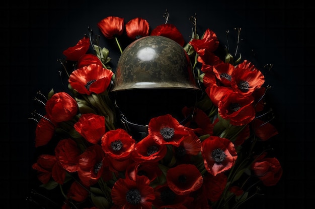 Un casco militare della guerra mondiale con il ricordo dei papaveri rossi e il simbolo del giorno dell'armistizio