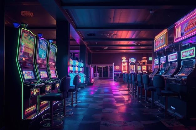 Un casinò con luci al neon e slot machine