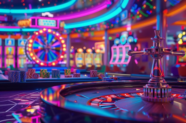 Un casinò con luci al neon e un tavolo da roulette