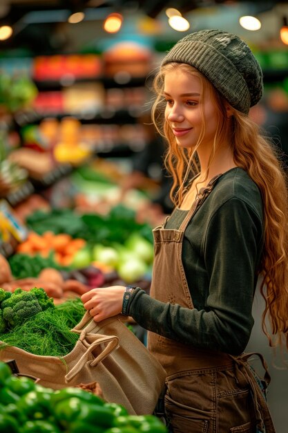 un cassiere di un negozio di alimentari sorride mentre imballano prodotti freschi e altri articoli in una borsa riutilizzabile