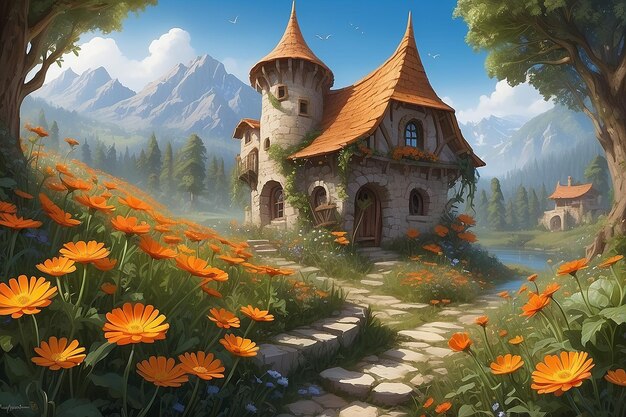 un castello con fiori e una casa sulla collina