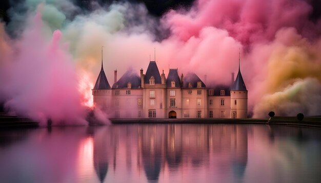 un castello con fumo sullo sfondo e un edificio con fumo rosa sullo sfondo