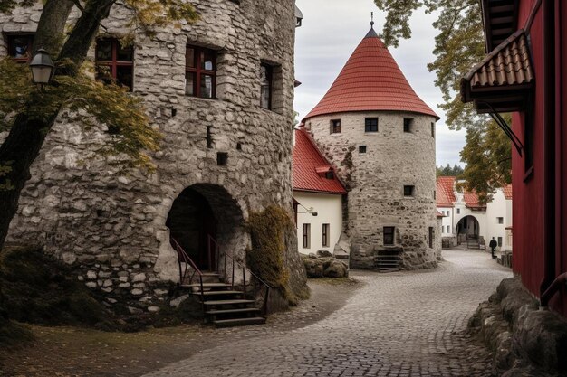 un castello con il tetto rosso e una porta rossa