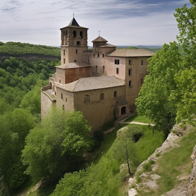 Un castello con un campanile e un albero in primo piano