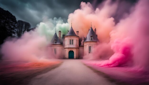 un castello con un fumo rosa sullo sfondo e una scia di fumo