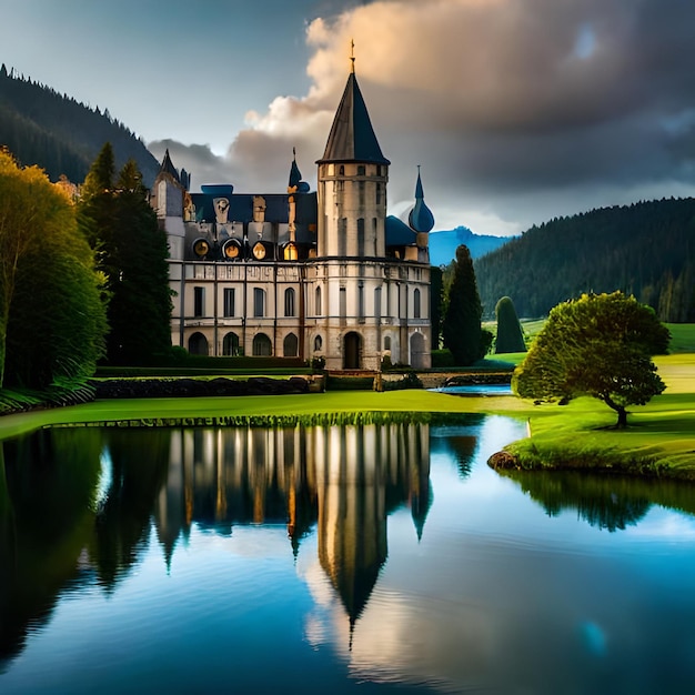 Un castello con un lago in primo piano e una montagna sullo sfondo.