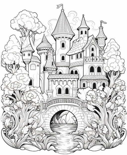 un castello con un ponte e alberi sullo sfondo generativo ai