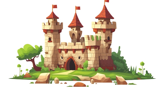 Un castello dei cartoni animati con tre torri Il castello è fatto di pietra grigia con tetti rossi