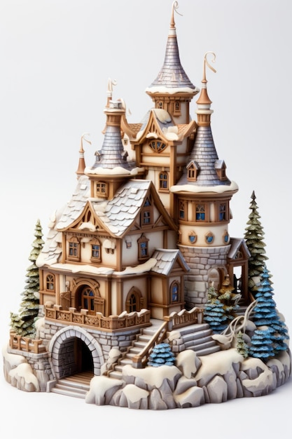 Un castello di argilla in cima a una collina coperta di neve Clipart realistico su sfondo bianco